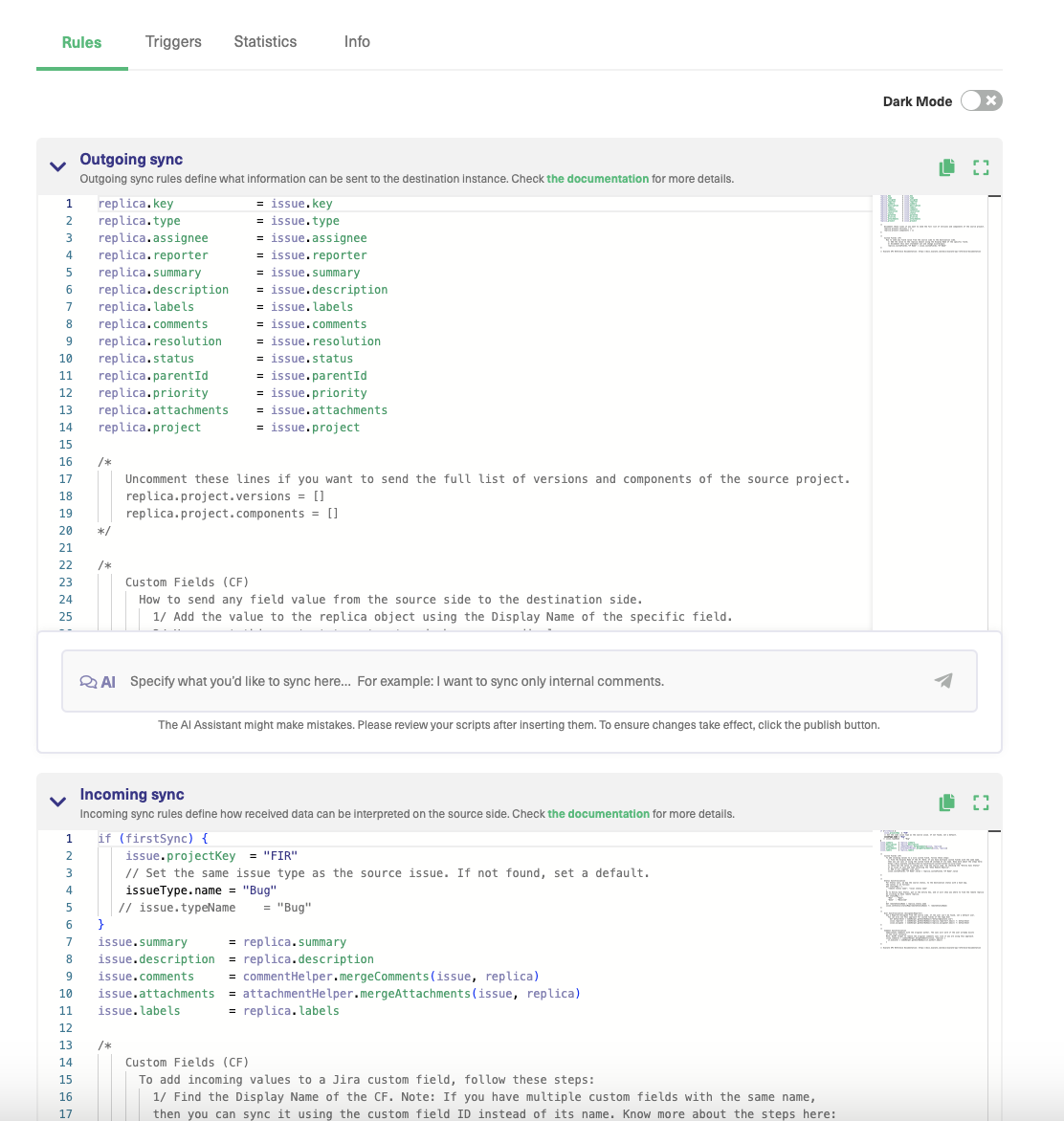 Exalate's sync rules in Script mode