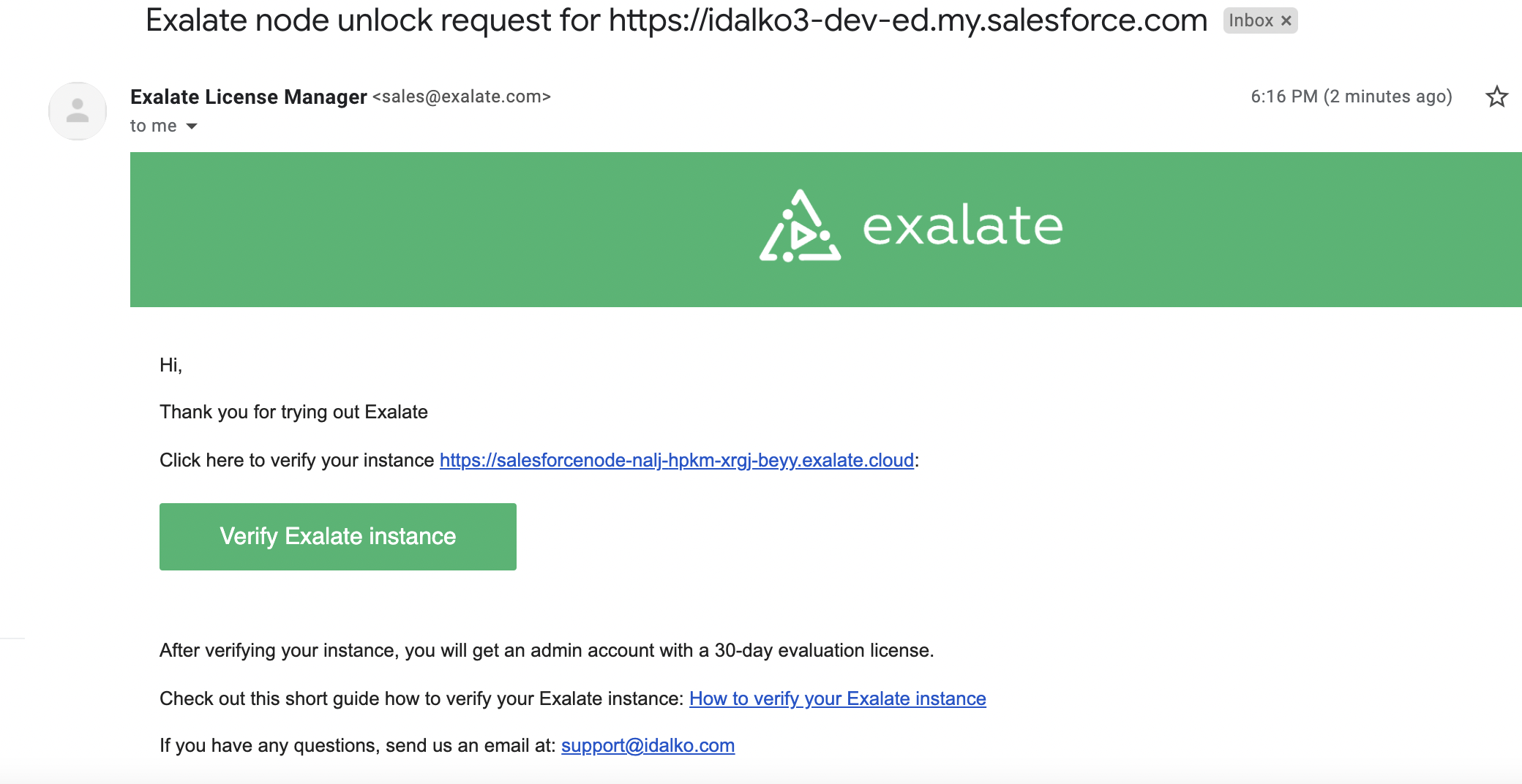 Verify Exalate node on Salesforce