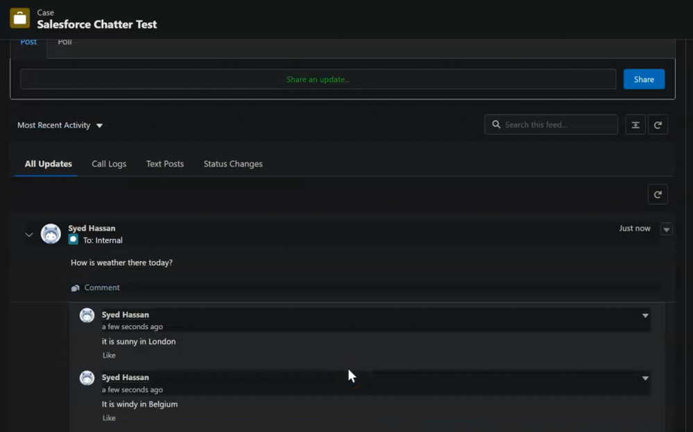 Salesforce Chatter test with comment threads