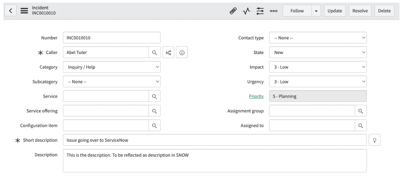 Incident panel in ServiceNow