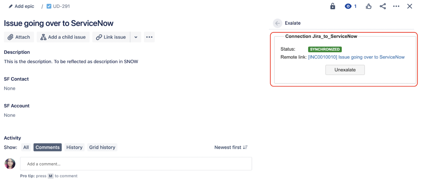 Jira issue view Exalate panel