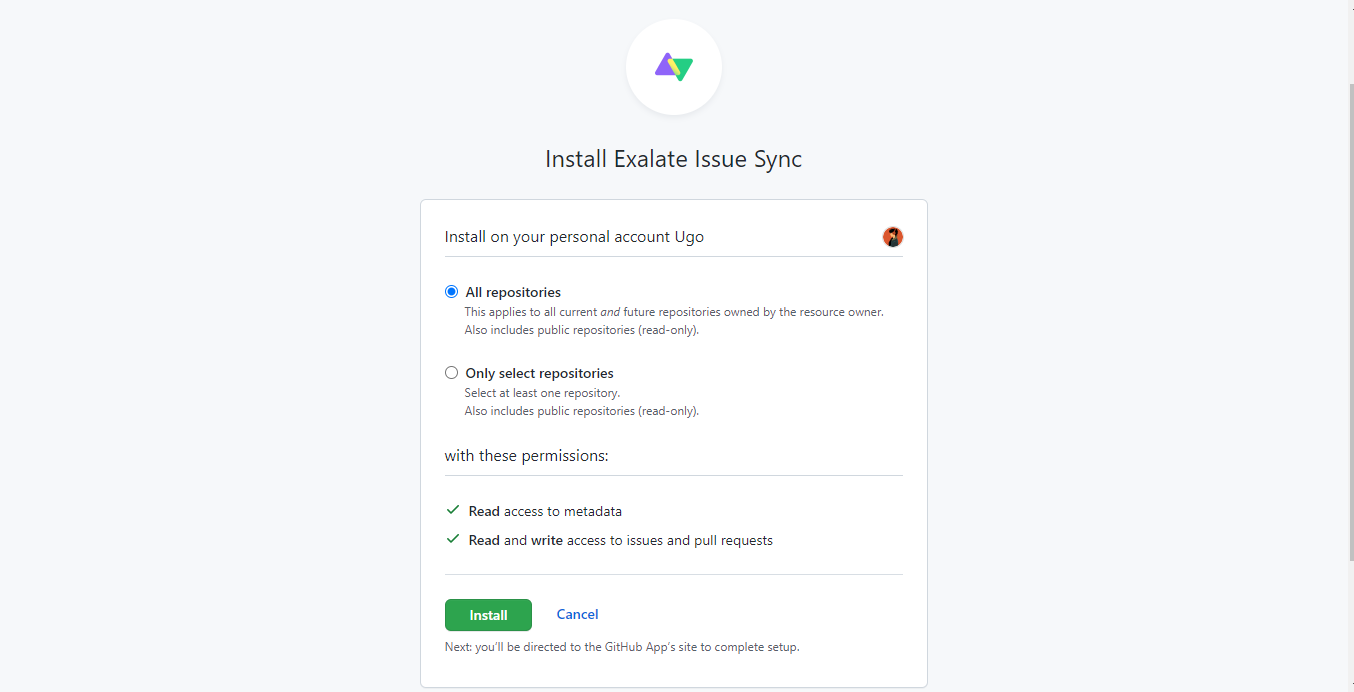 exalate github sync installation permission