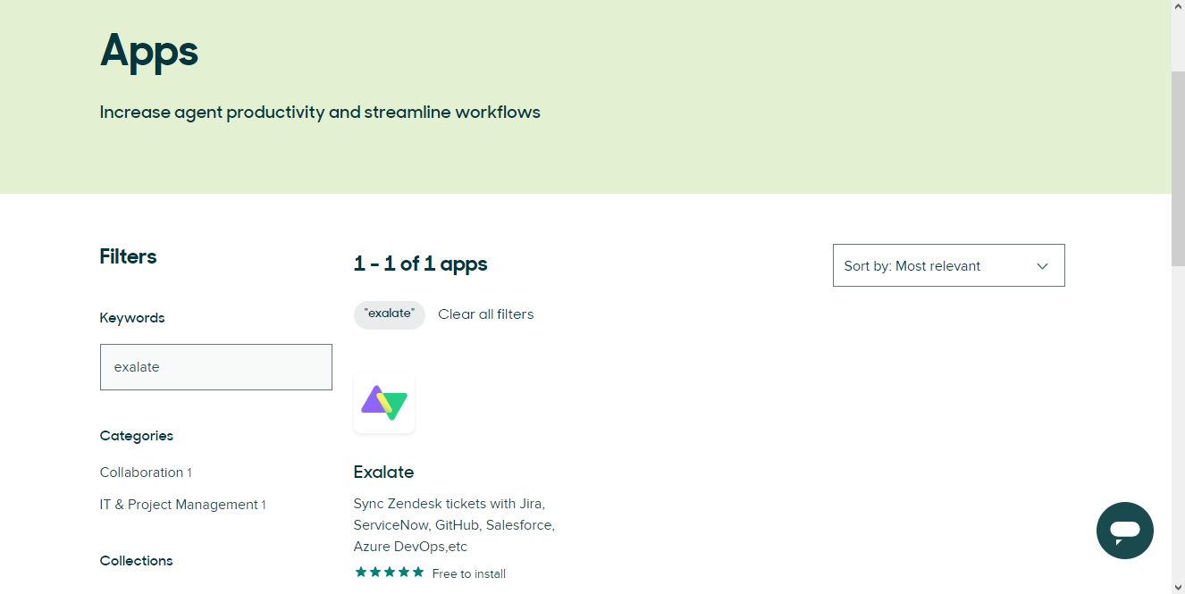 Exalate in Zendesk marketplace