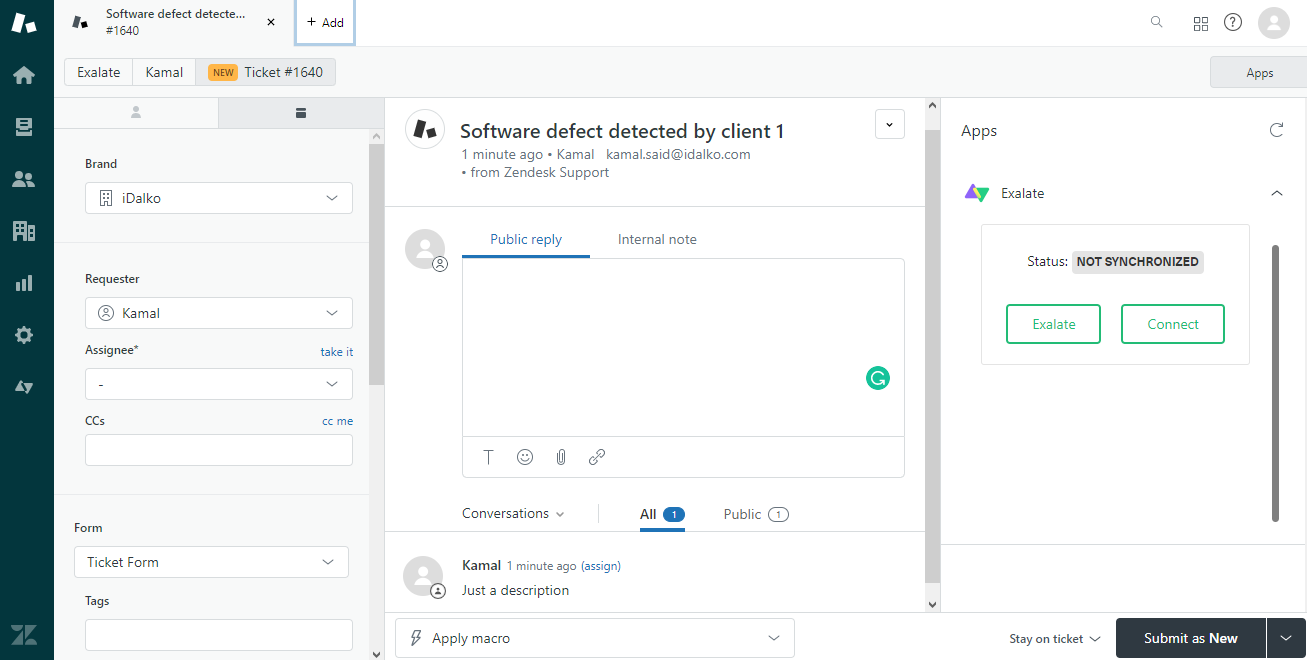 ticket interface Zendesk and Exalate