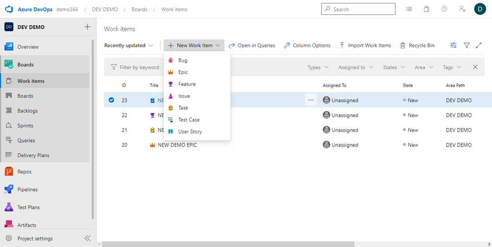 Azure devops work item creation