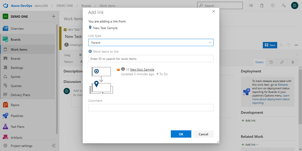 linking parent work items to child items