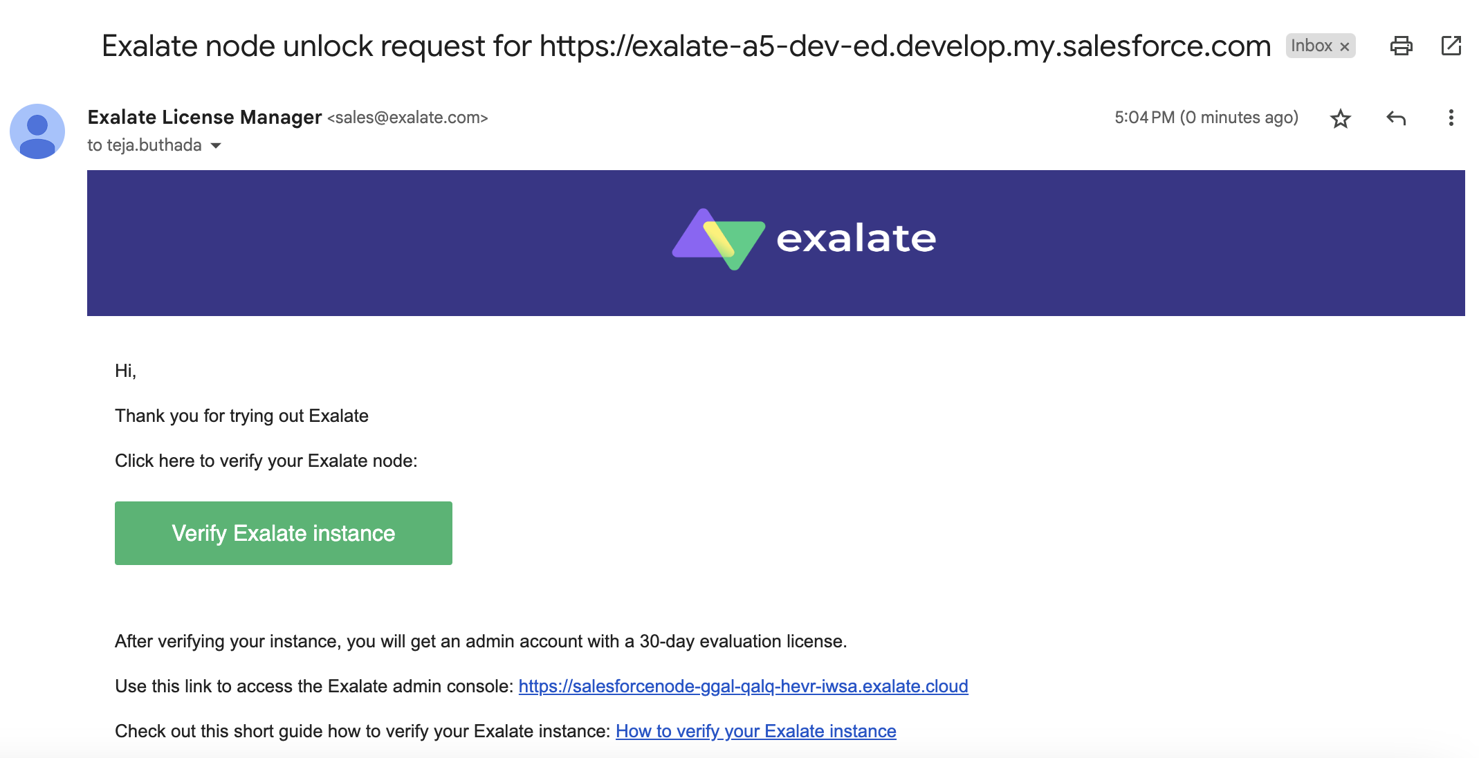 Verify Exalate node for Salesforce