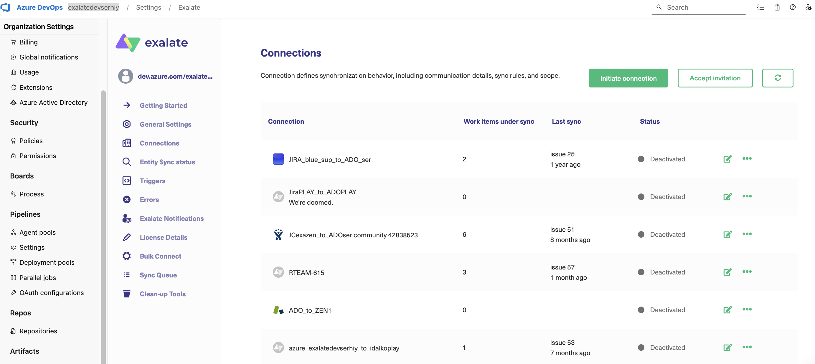 Exalate connections in Azure DevOps