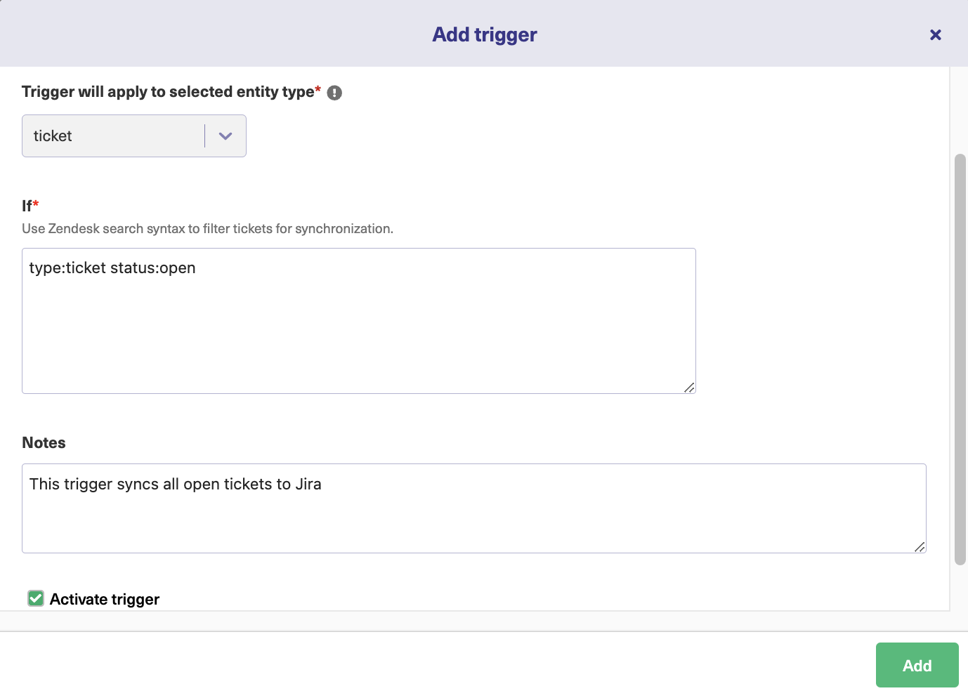 Trigger screen in Zendesk