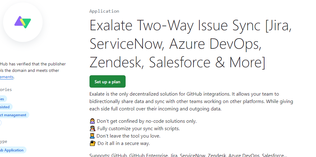 Exalate issue sync in Github marketplace