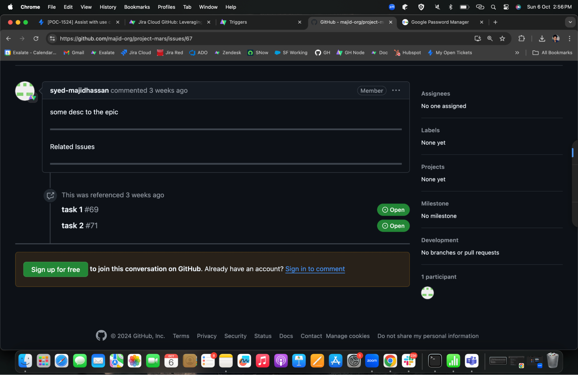 GitHub issue showing active link to Epic in task list