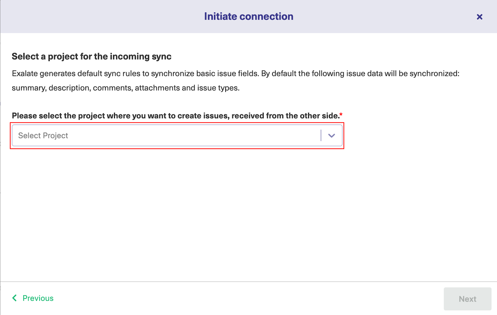 Select a project for the incoming sync