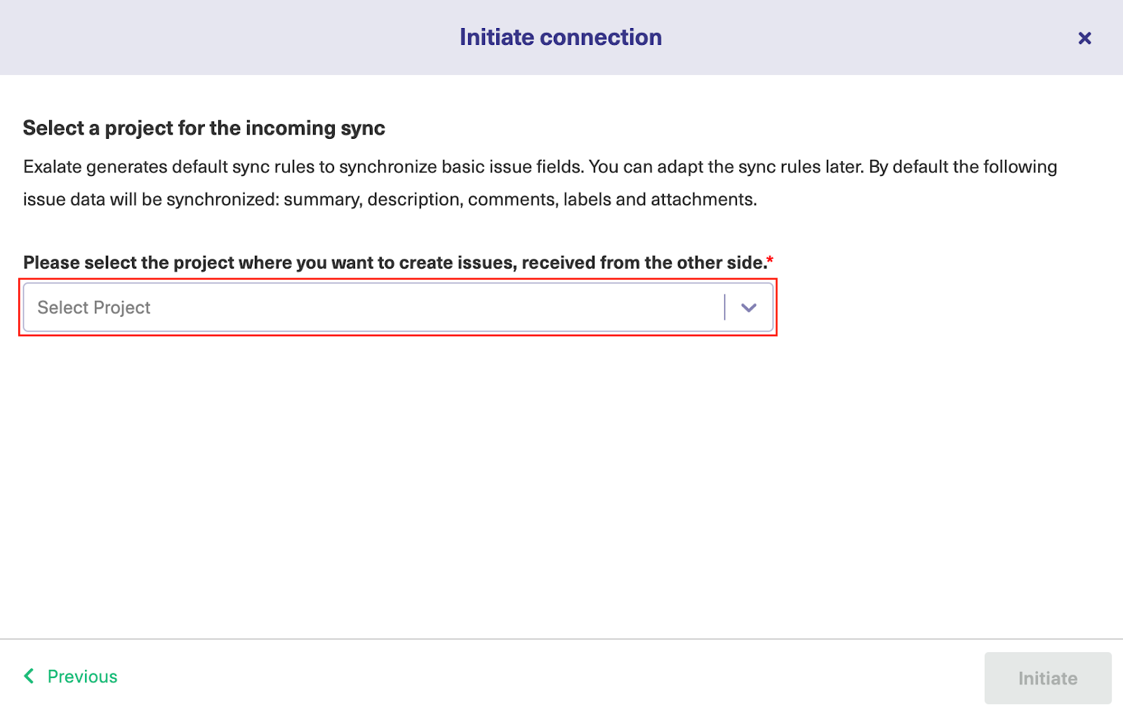 Select project for incoming sync