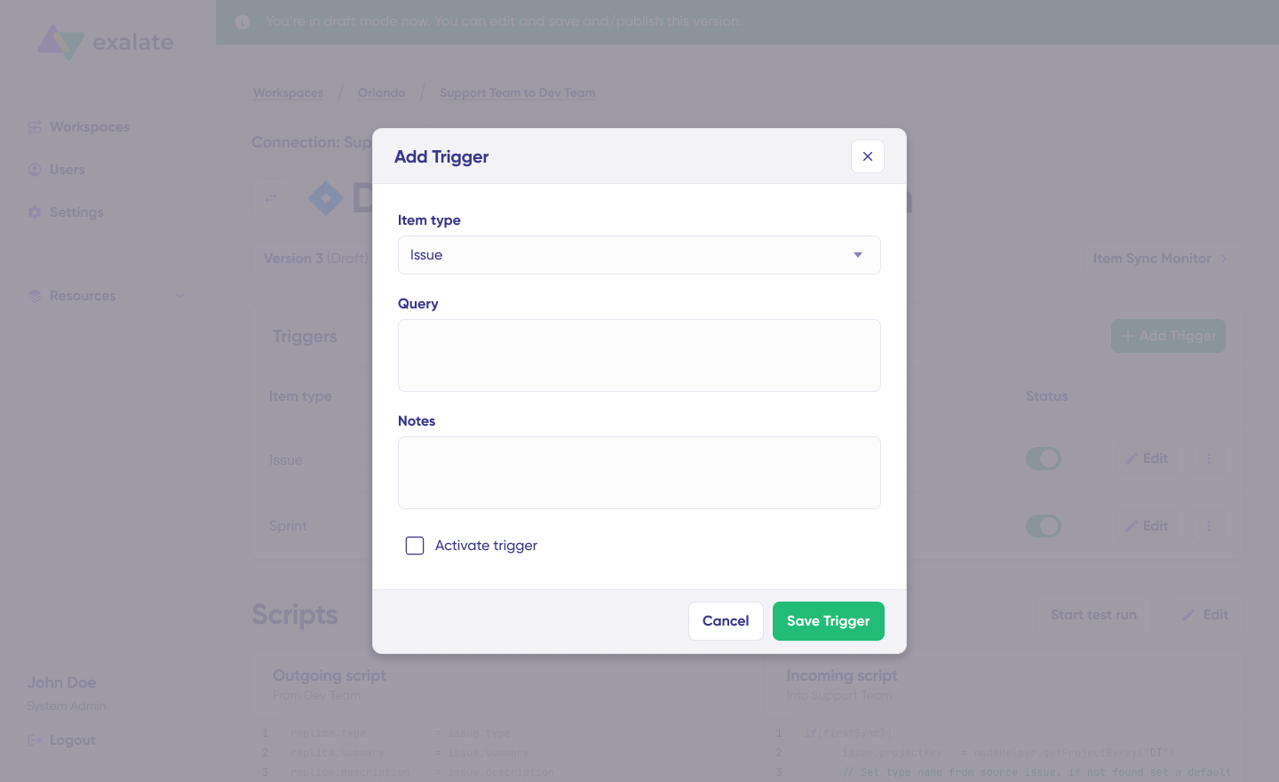 add trigger screen for Exalate triggers