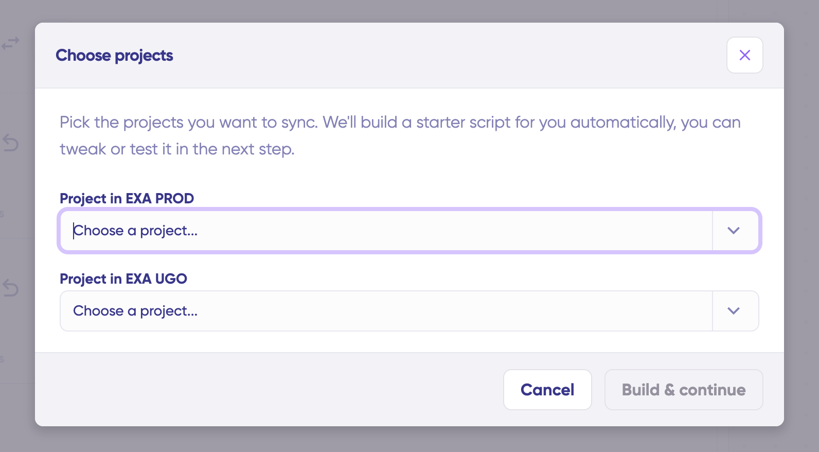 Screen for choosing projects in both systems