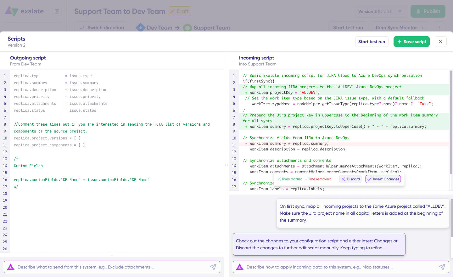 Exalate interface for Aida-assisted scripting