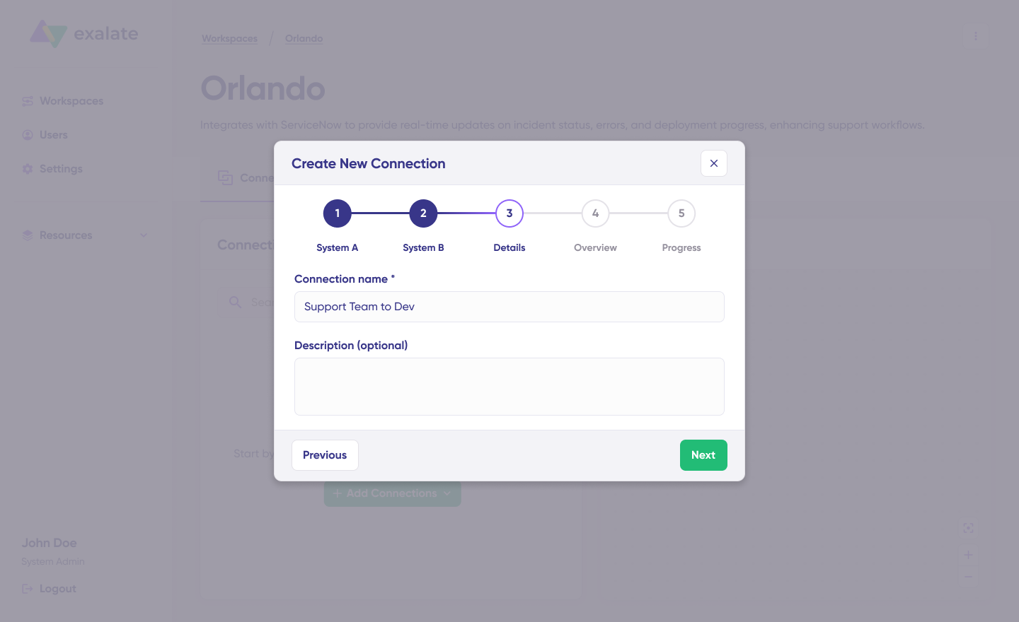 Exalate interface for editing connection name and description