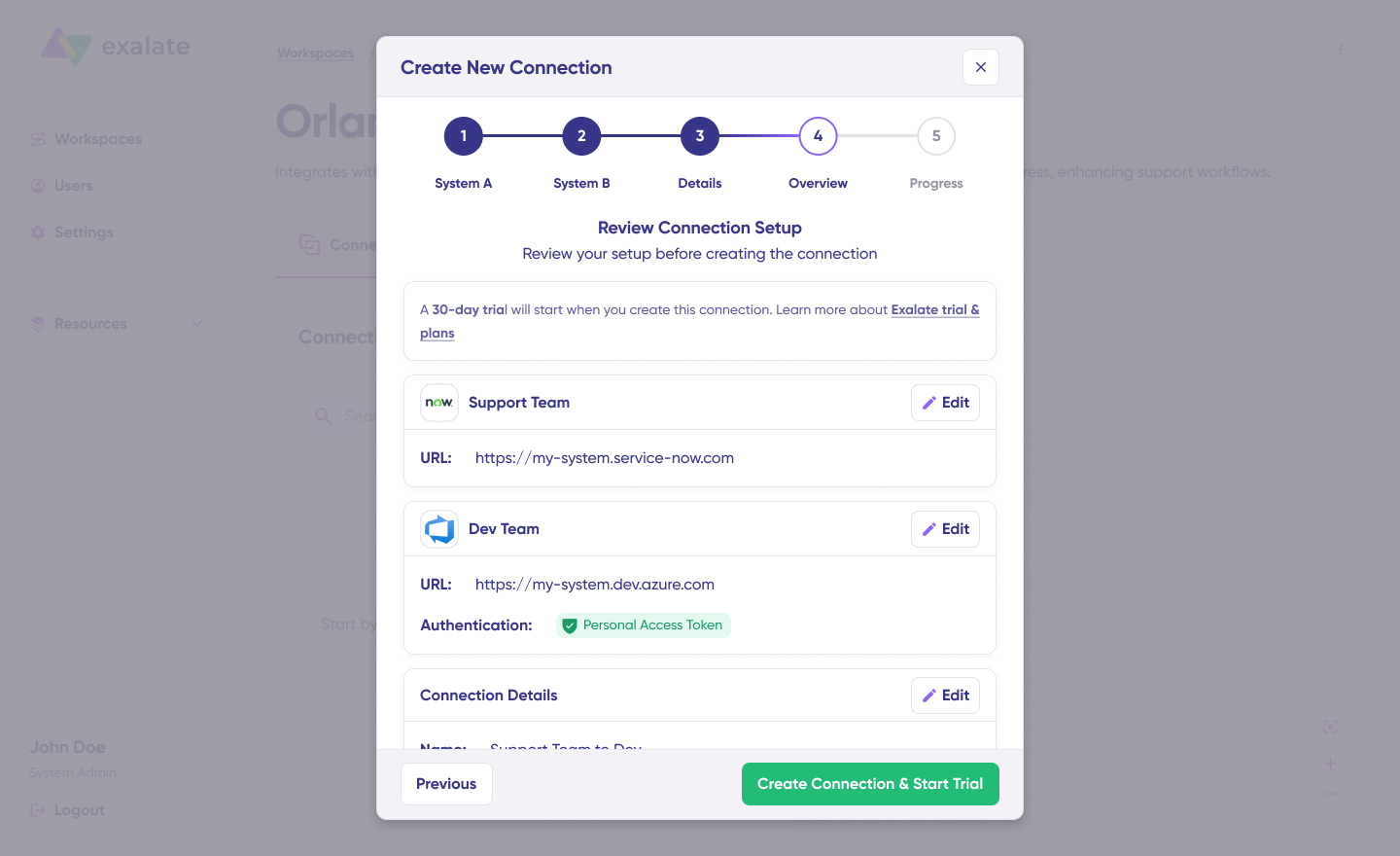 Exalate interface for reviewing the names and connection details