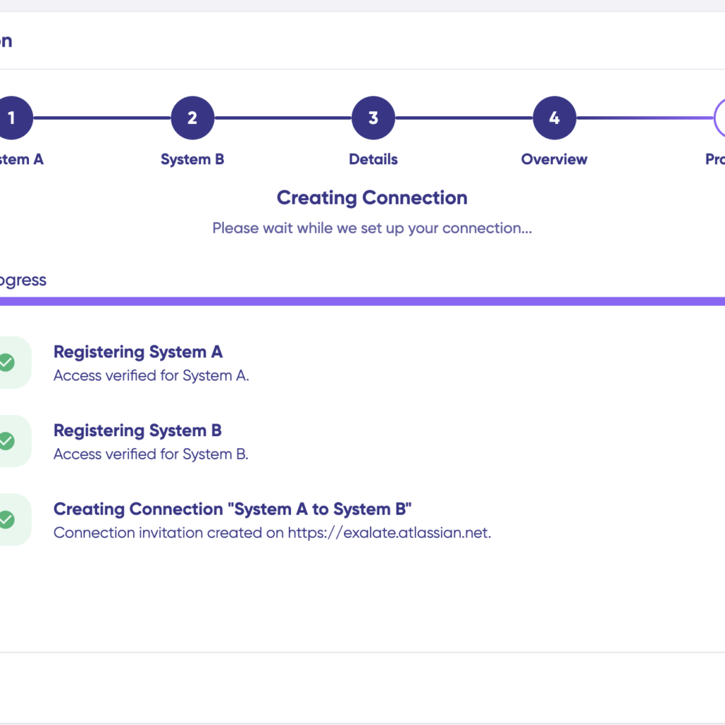 Exalate interface for setting up connections completed flow