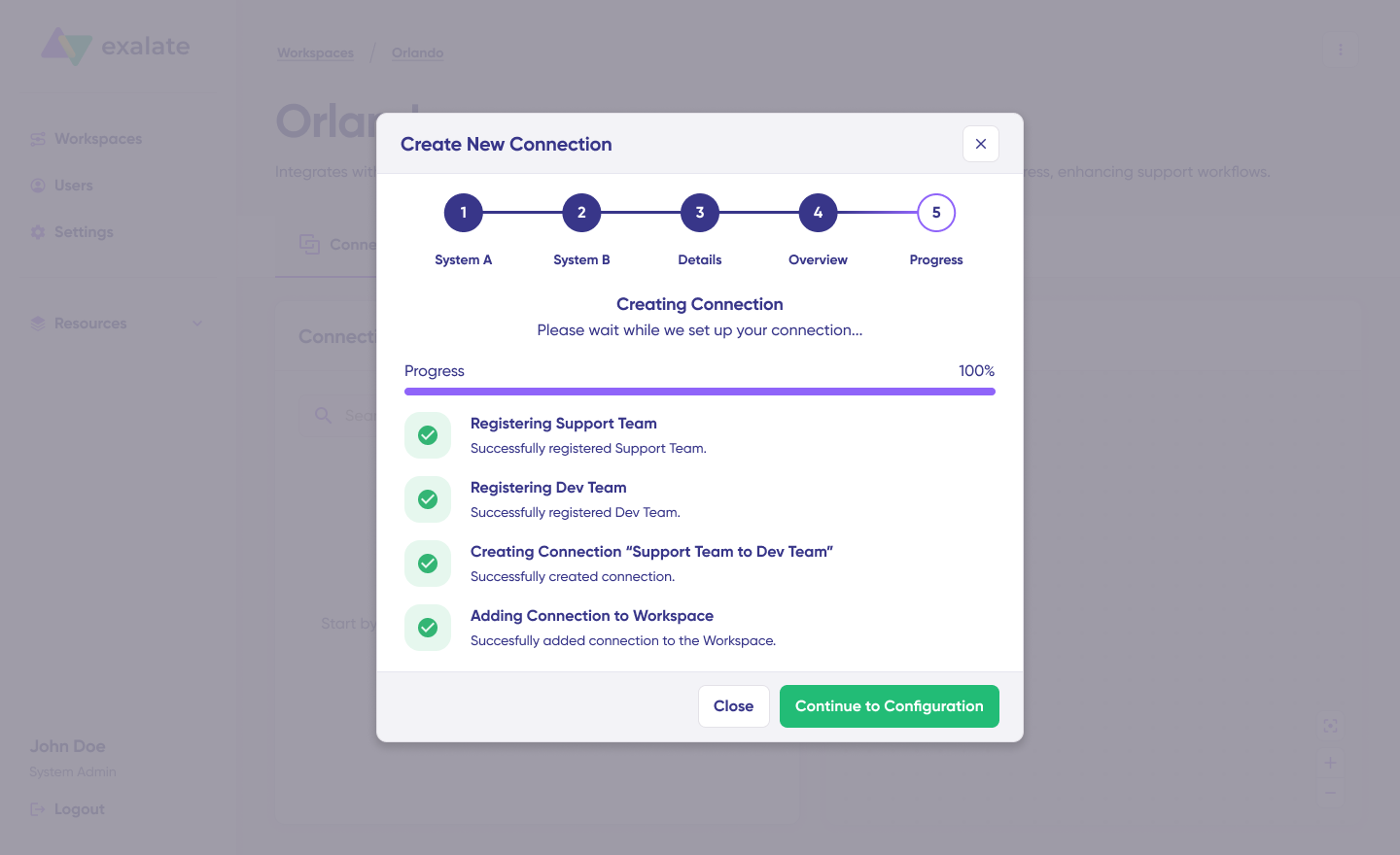 Exalate interface for setting up connections completed flow