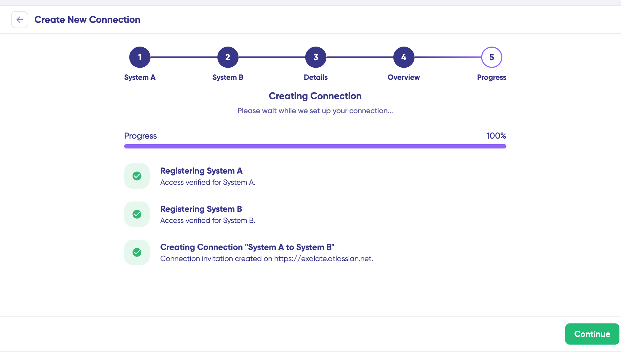 Exalate interface for setting up connections completed flow