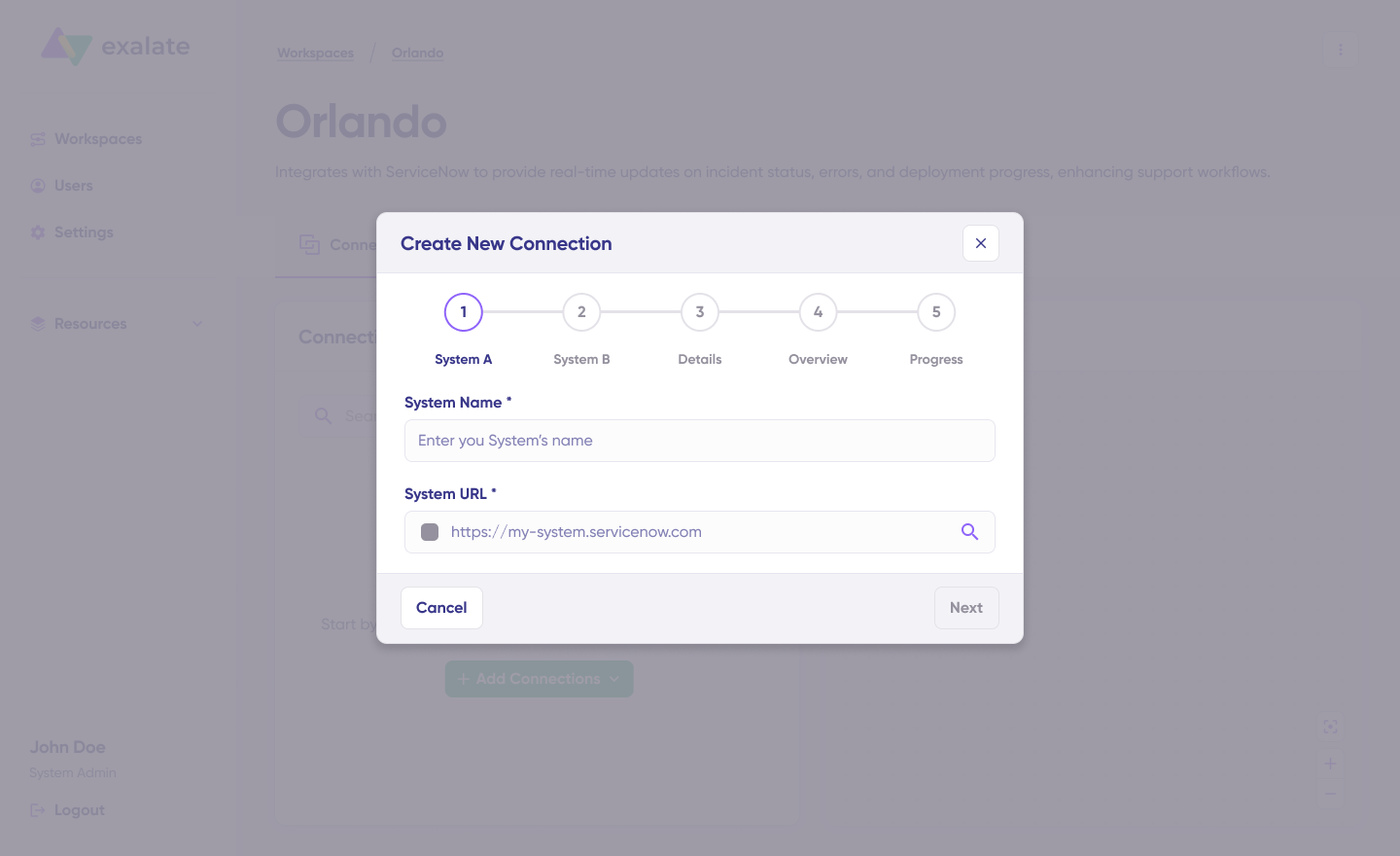 Exalate interface for creating a new connection