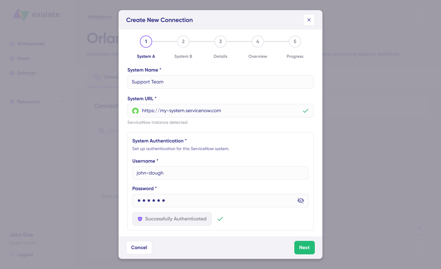 Exalate interface for setting up connections for system a