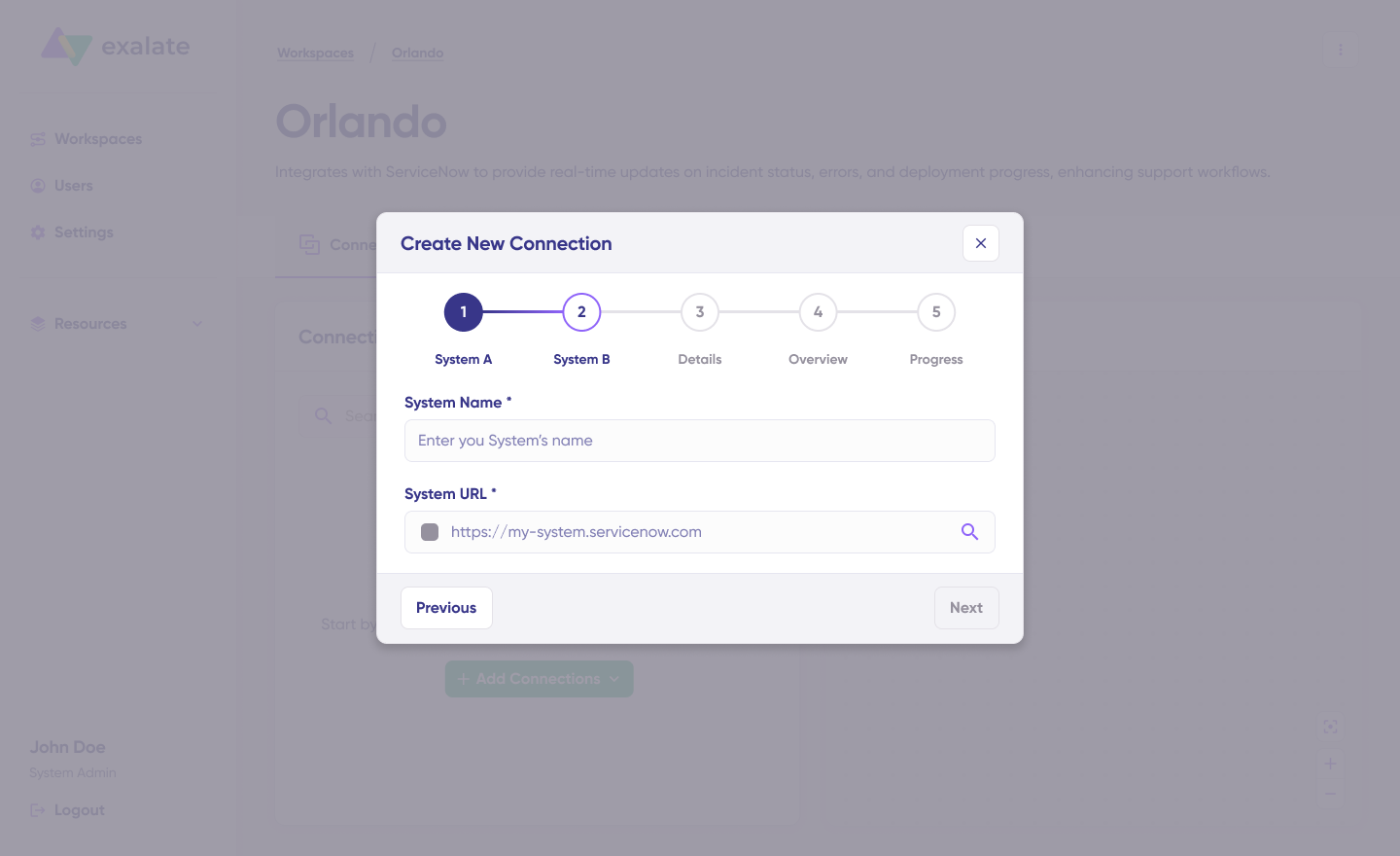 Exalate interface for setting up connections for system b