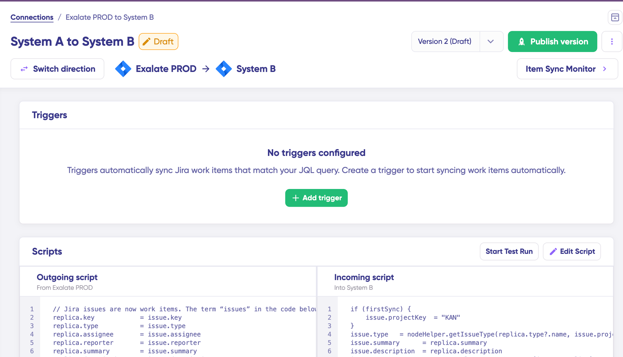 Activated draft mode to enable the editing of scripts in Exalate