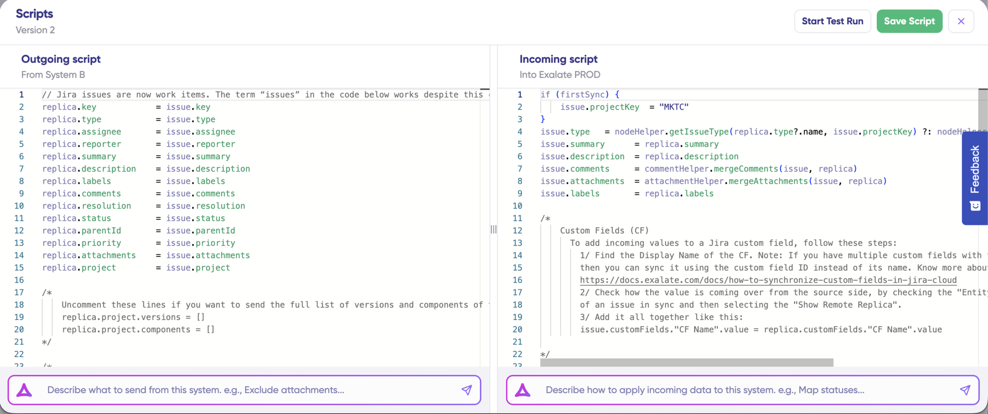 Script version interface showing incoming and outgoing scripts in Exalate