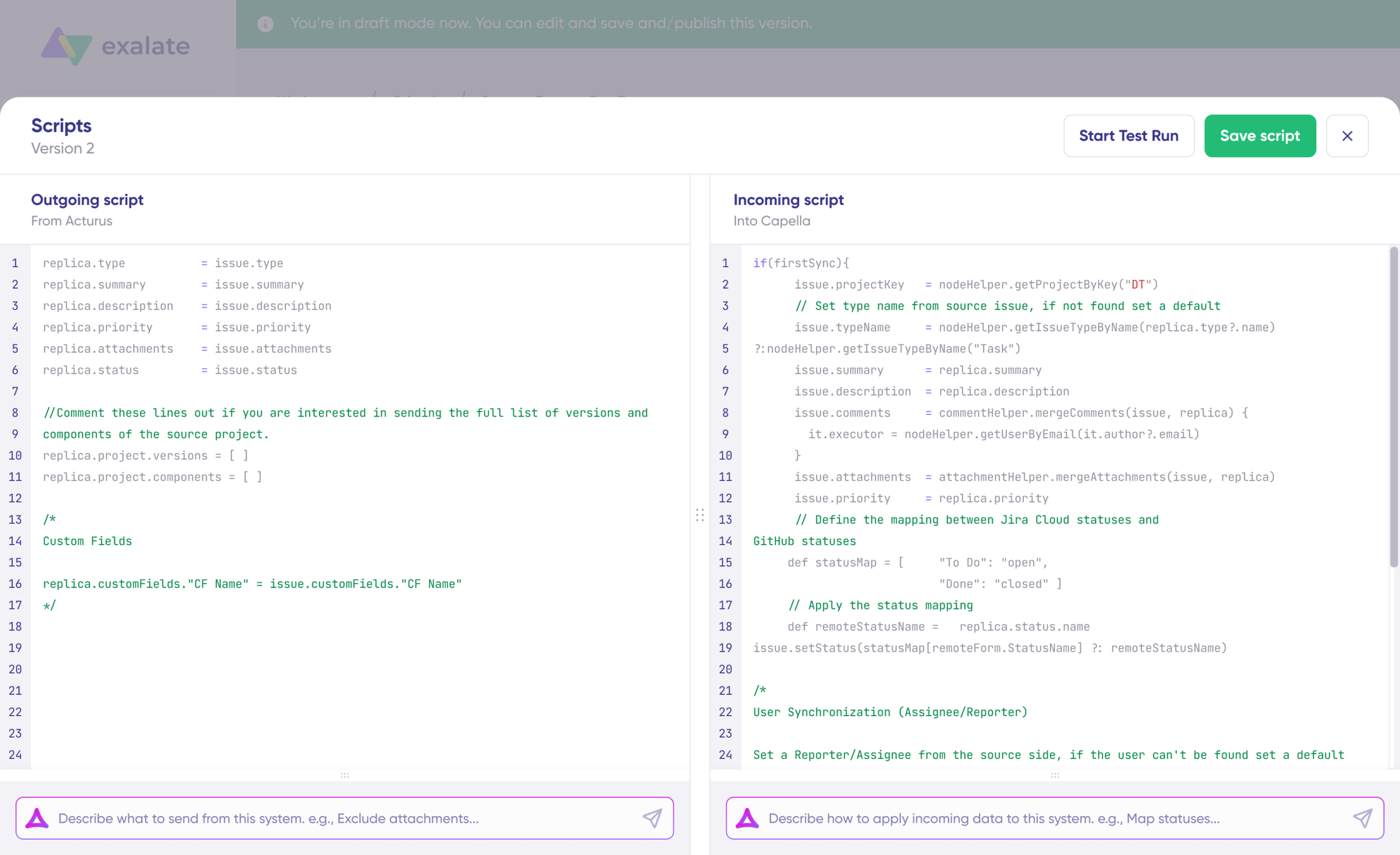 Script version interface showing incoming and outgoing scripts in Exalate