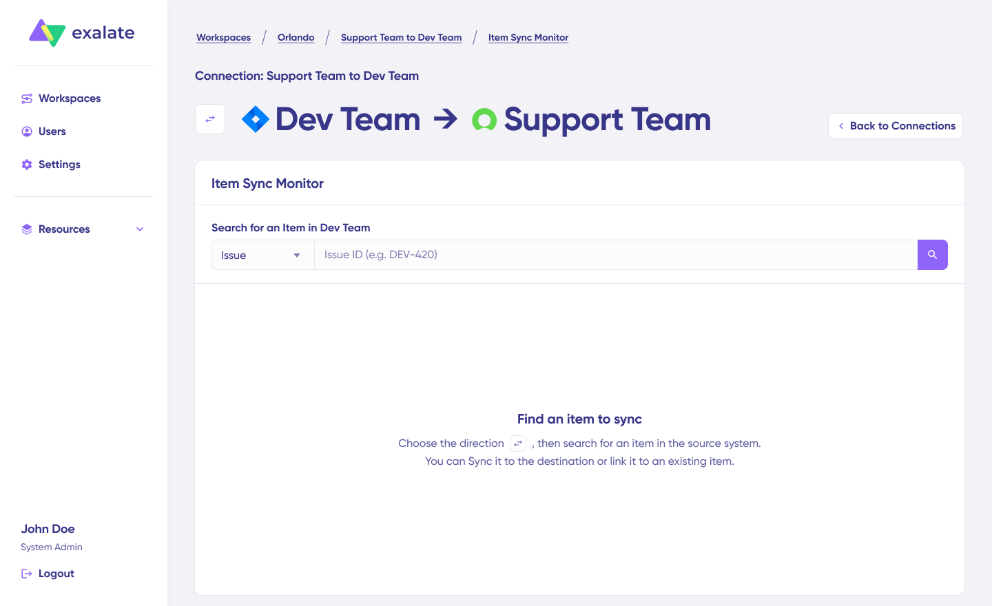 item sync monitor interface with no work item selected