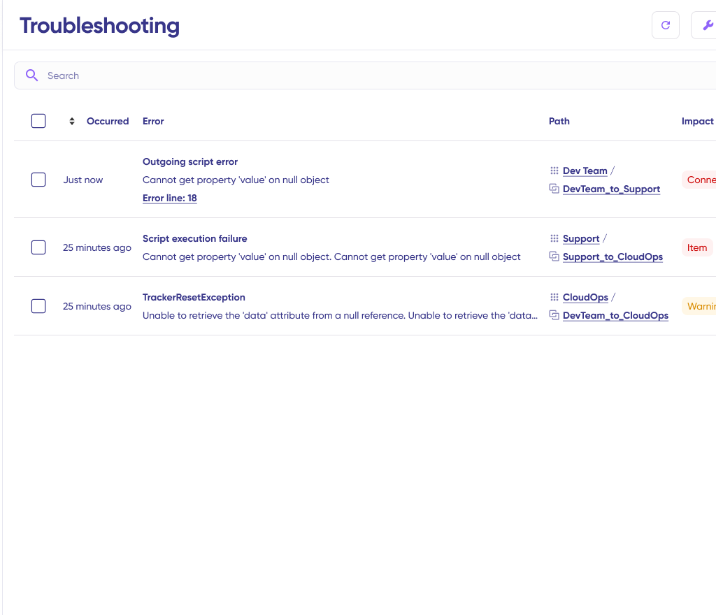 troubleshooting interface with error logs