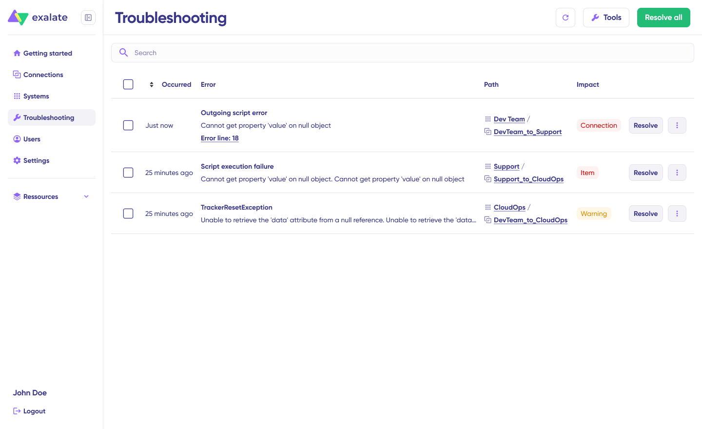 troubleshooting interface with error logs
